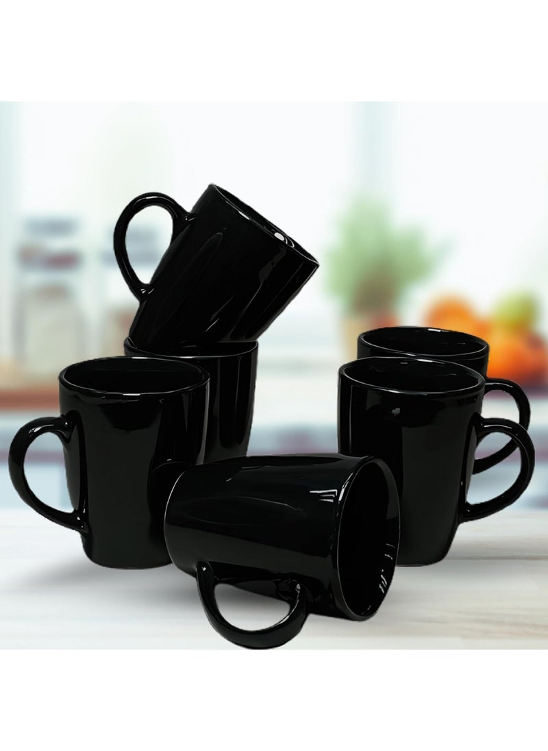 TheKraftLane Black Glossy Stoneware Ceramic Coffee Mug Microwave Safe Dishwasher Safe Modern Coffee Mugs with Handle for Tea Milk Coffee Latte Cappuccino 300 ml Set of 6