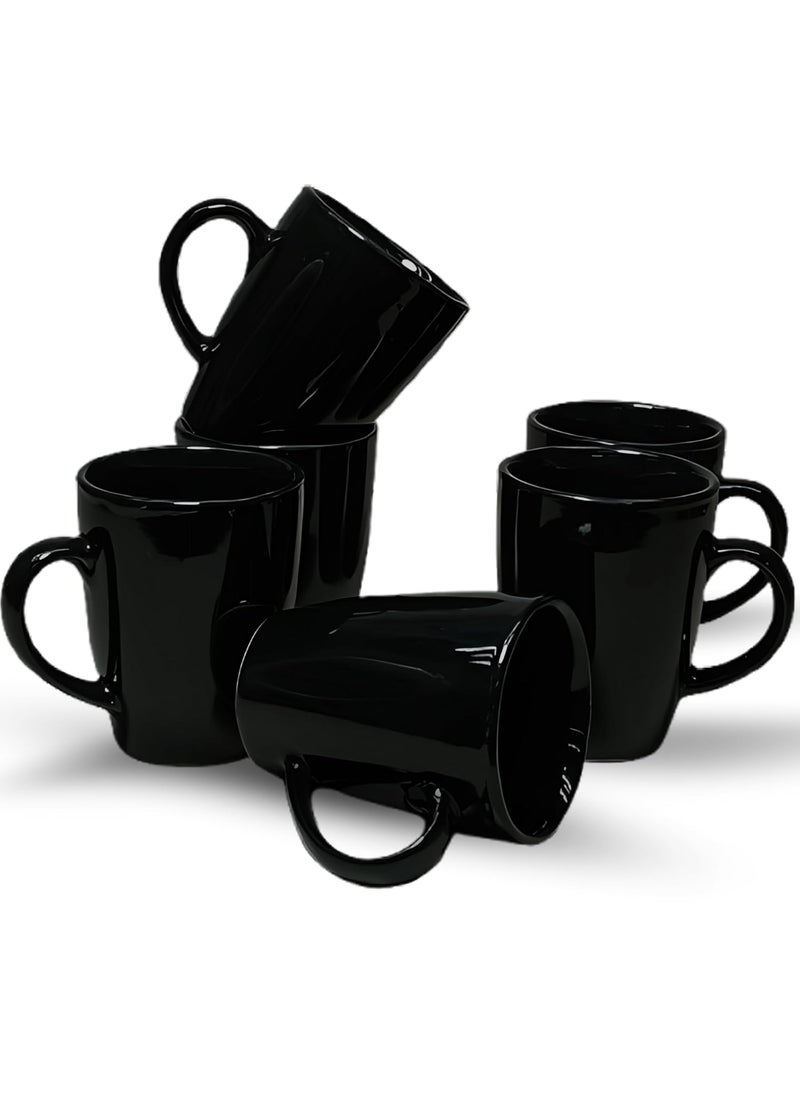 TheKraftLane Black Glossy Stoneware Ceramic Coffee Mug Microwave Safe Dishwasher Safe Modern Coffee Mugs with Handle for Tea Milk Coffee Latte Cappuccino 300 ml Set of 6
