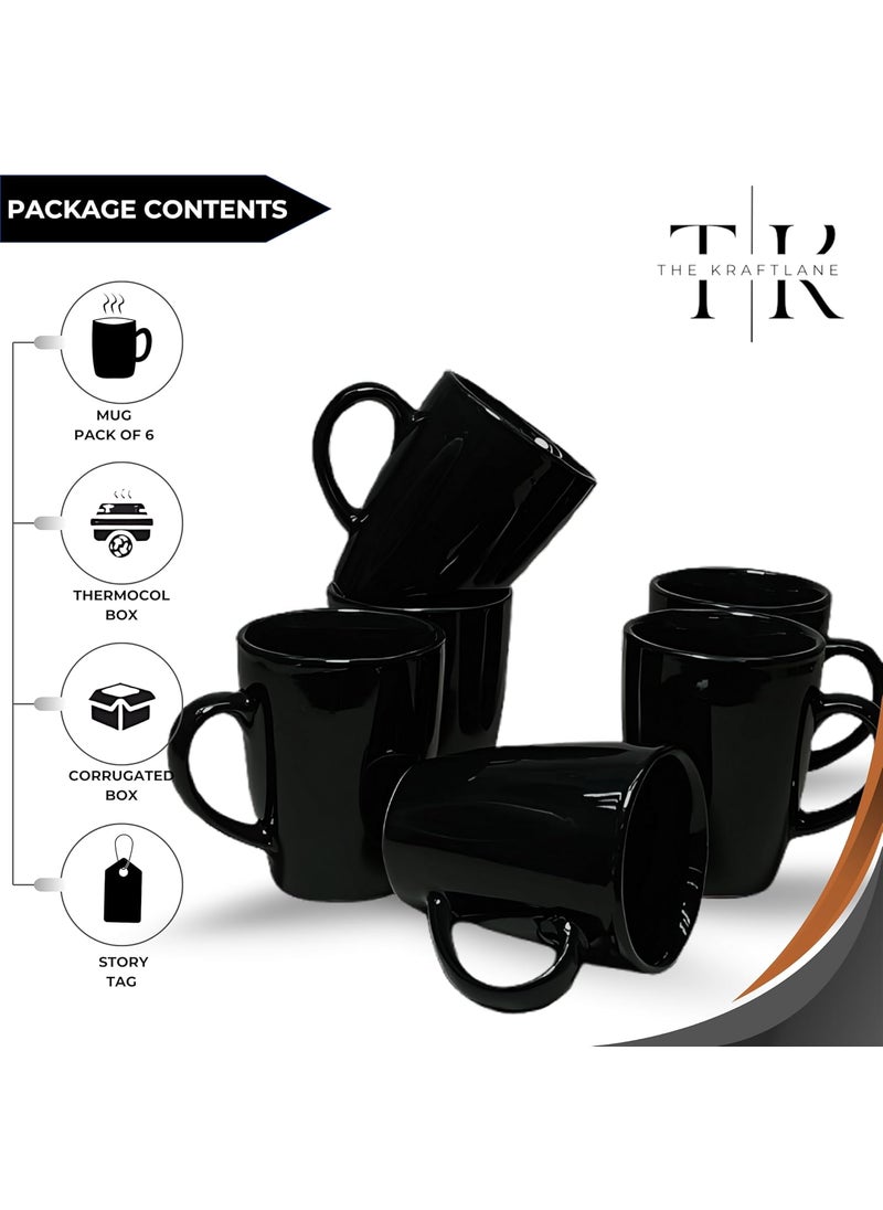 TheKraftLane Black Glossy Stoneware Ceramic Coffee Mug Microwave Safe Dishwasher Safe Modern Coffee Mugs with Handle for Tea Milk Coffee Latte Cappuccino 300 ml Set of 6
