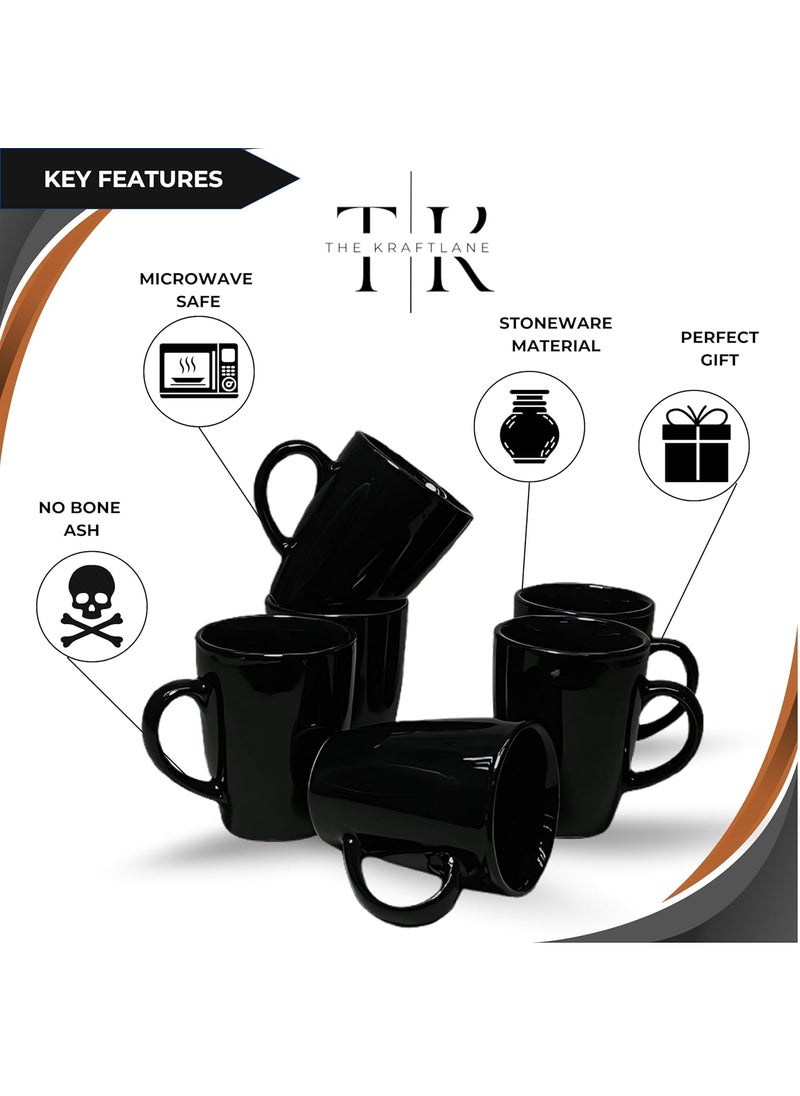 TheKraftLane Black Glossy Stoneware Ceramic Coffee Mug Microwave Safe Dishwasher Safe Modern Coffee Mugs with Handle for Tea Milk Coffee Latte Cappuccino 300 ml Set of 6