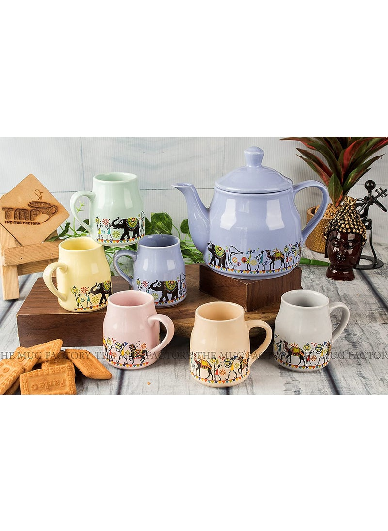 The Mug factory Handmade Ceramic Elephant Printed Tea Cup with Kettle Multicolour 180 ml
