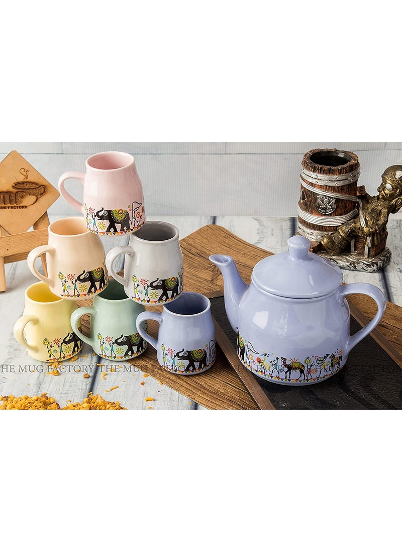 The Mug factory Handmade Ceramic Elephant Printed Tea Cup with Kettle Multicolour 180 ml