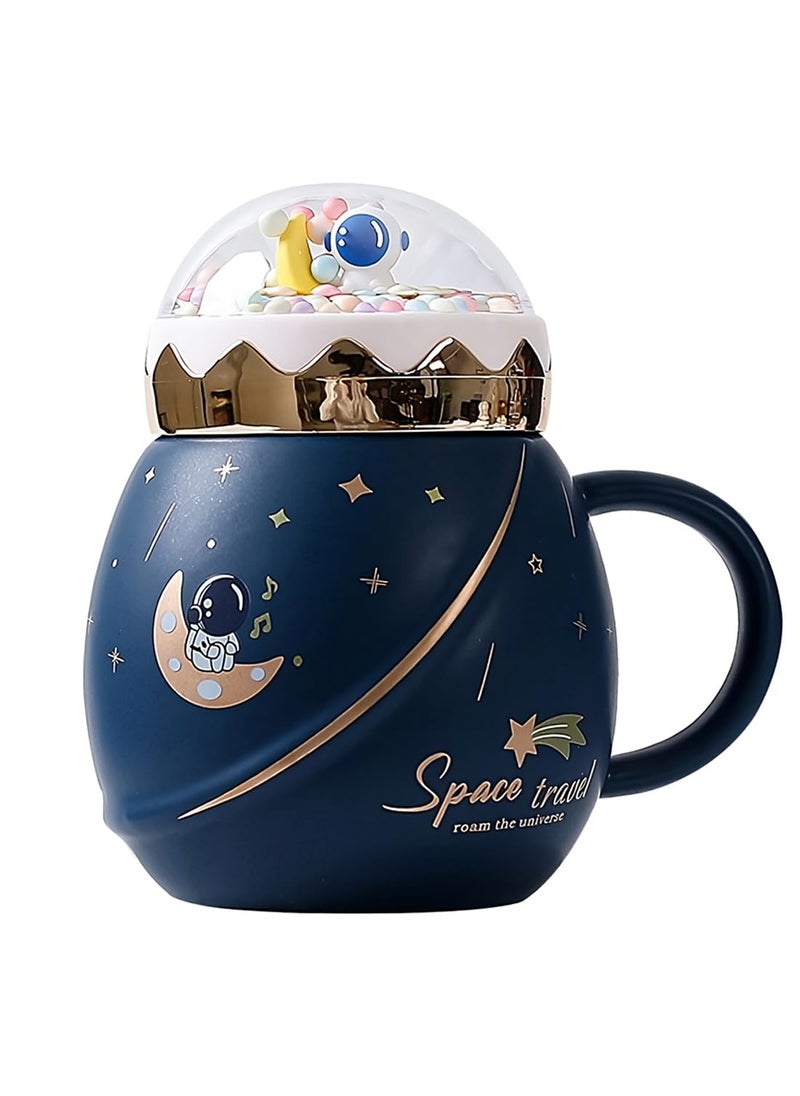 BlissHomes Birthday Gift for Kids Ceramic Universe Blue Travel Space Astronaut Mug with Lid Tea Coffee Cup Pack of 1 500 ml