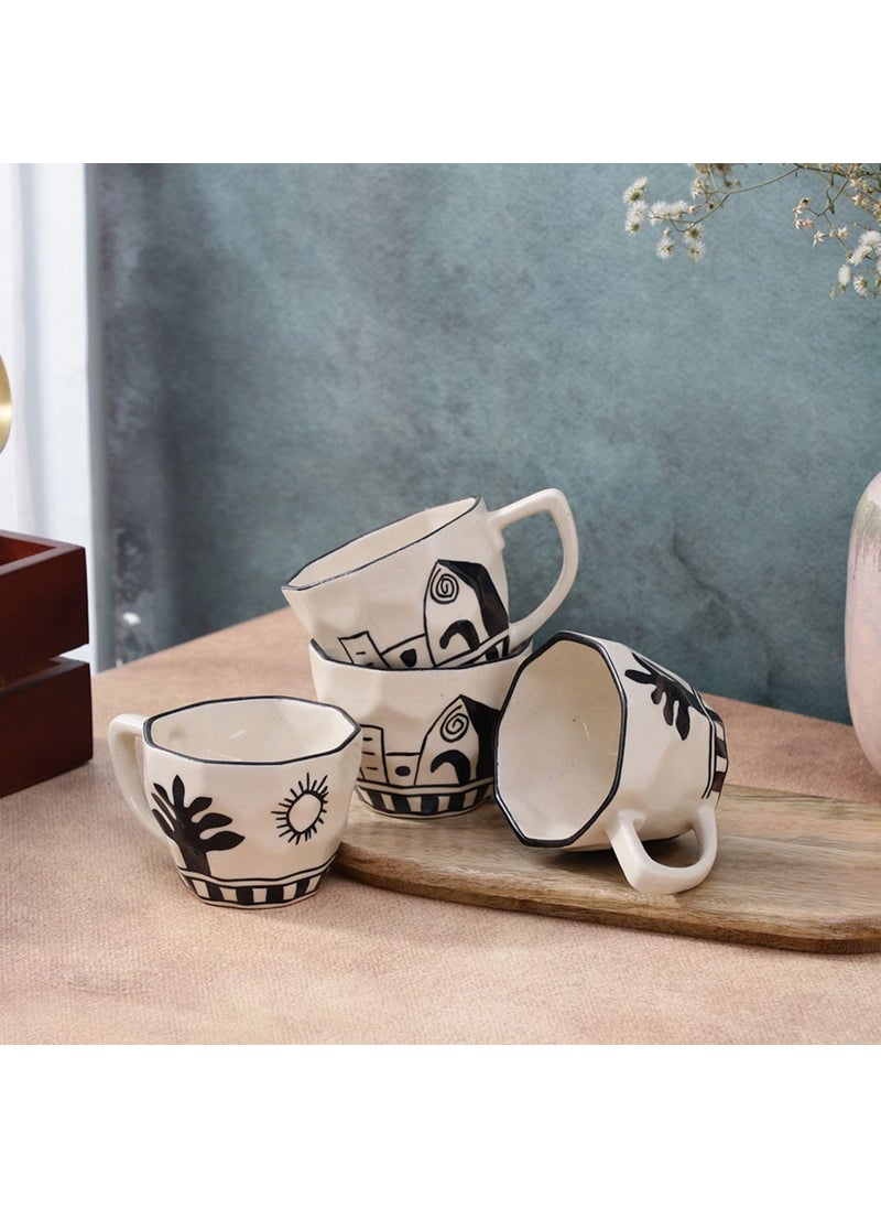 VarEesha Sideshow HandMade Citylife Black OffWhite Ceramic Coffee Mugs Set of Four Tea Cups Set of 4 Microwave and Dishwasher Safe BPA Free Non Toxic
