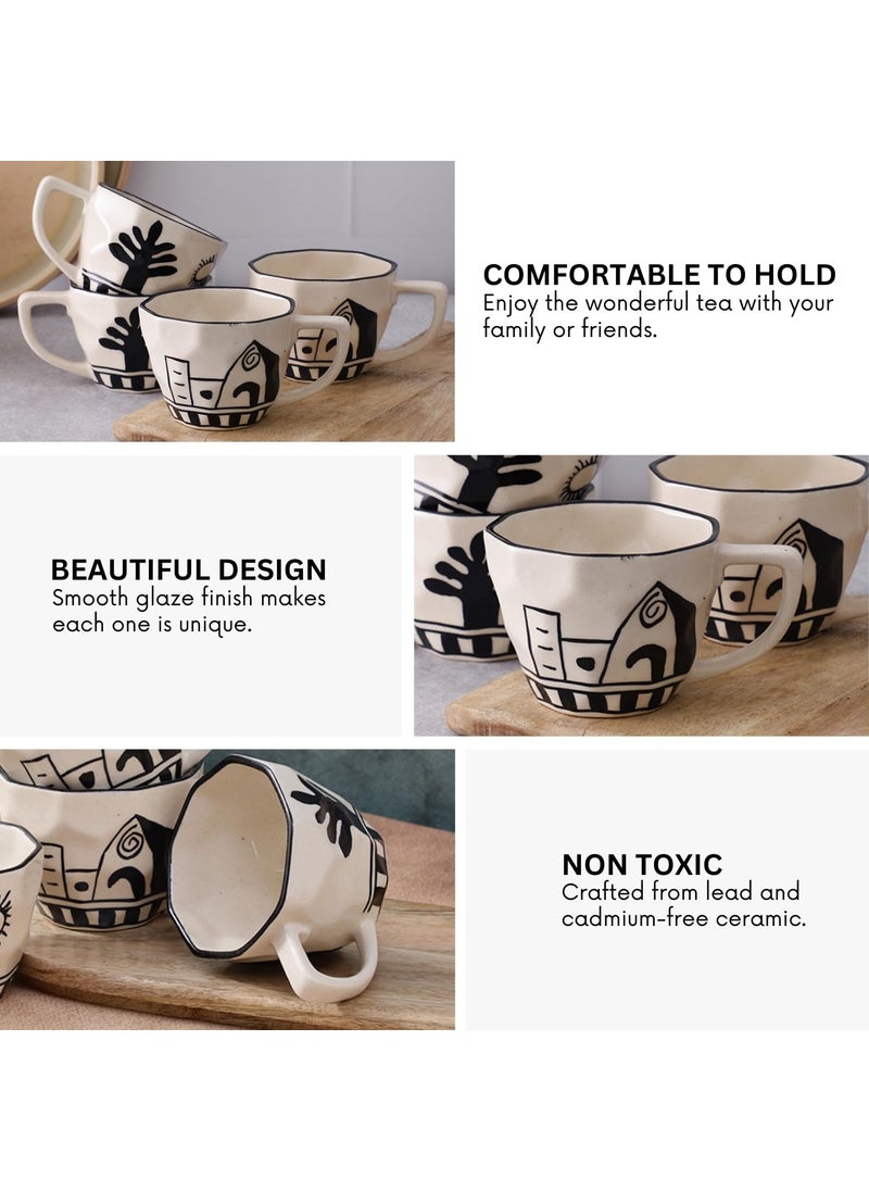 VarEesha Sideshow HandMade Citylife Black OffWhite Ceramic Coffee Mugs Set of Four Tea Cups Set of 4 Microwave and Dishwasher Safe BPA Free Non Toxic