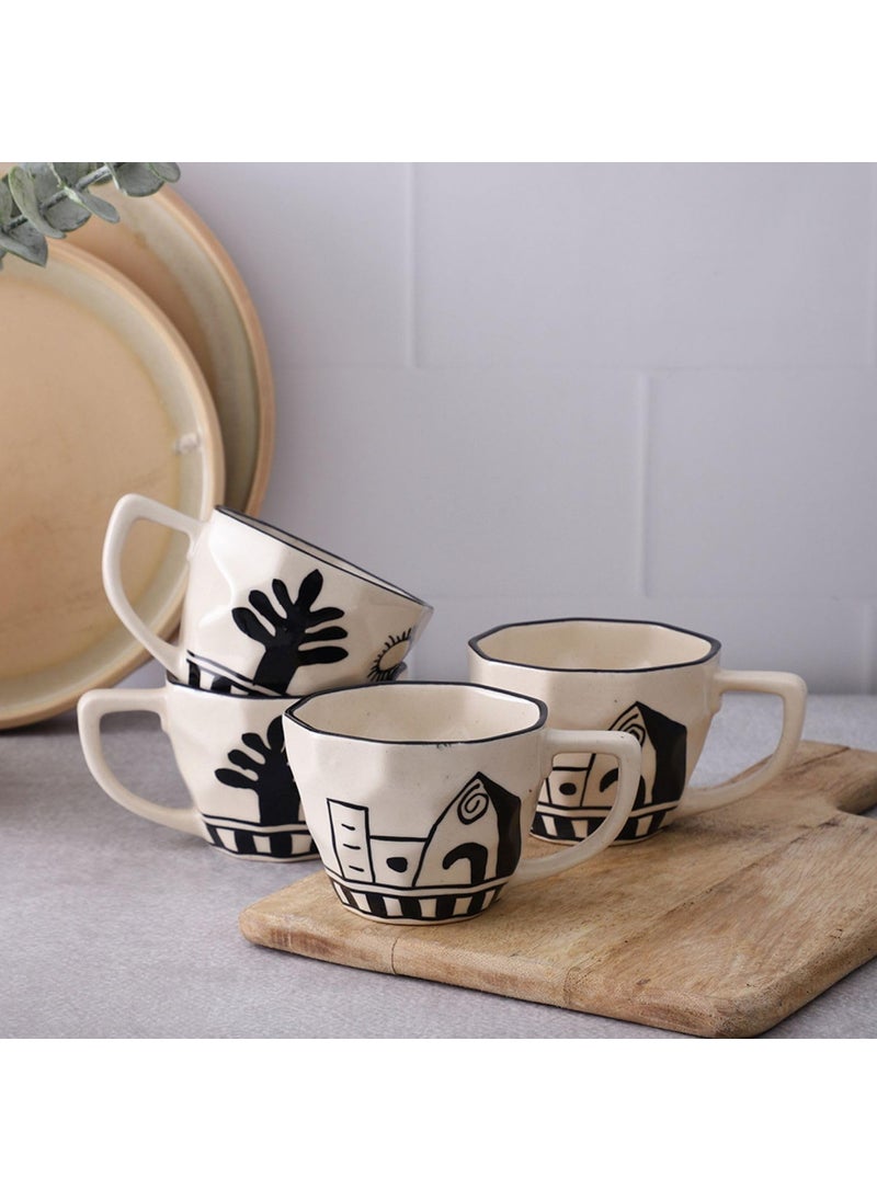 VarEesha Sideshow HandMade Citylife Black OffWhite Ceramic Coffee Mugs Set of Four Tea Cups Set of 4 Microwave and Dishwasher Safe BPA Free Non Toxic