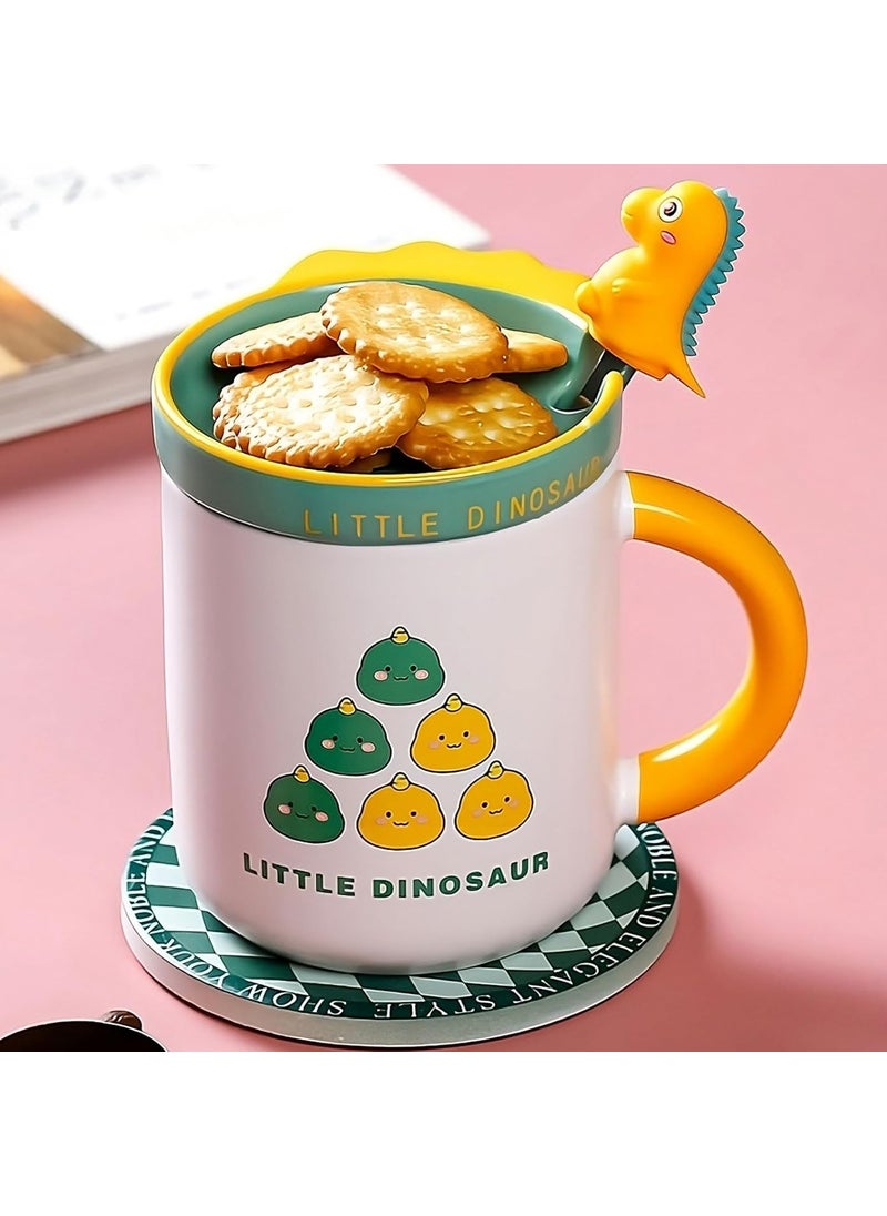 BlissHomes Birthday Gift for Kids Dino Mug for Children Ceramic Dinosaur Mug with Lid Spoon Green Teacup Set Pack of 1 320 ml Mugs for Coffee Gift for Birthday Gift for Friend