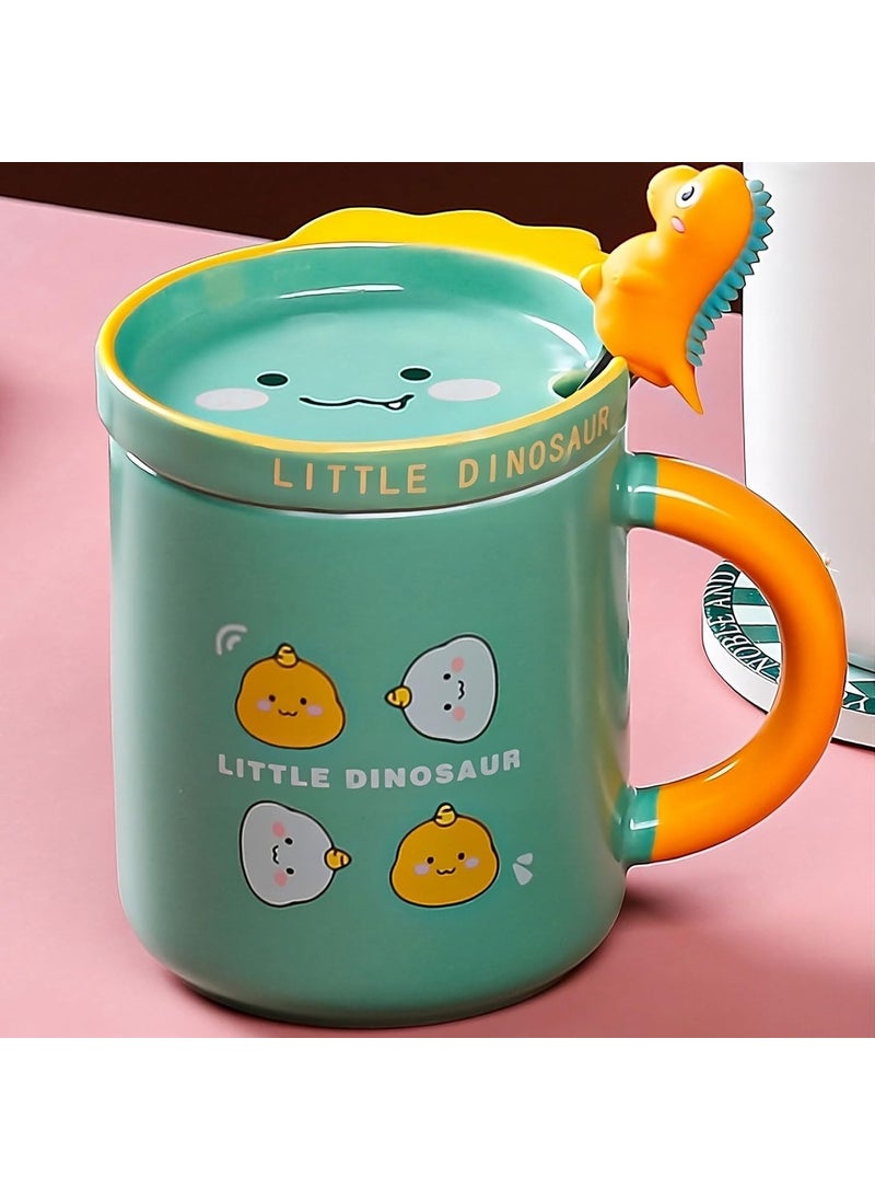 BlissHomes Birthday Gift for Kids Dino Mug for Children Ceramic Dinosaur Mug with Lid Spoon Green Teacup Set Pack of 1 320 ml Mugs for Coffee Gift for Birthday Gift for Friend
