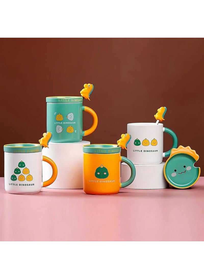 BlissHomes Birthday Gift for Kids Dino Mug for Children Ceramic Dinosaur Mug with Lid Spoon Green Teacup Set Pack of 1 320 ml Mugs for Coffee Gift for Birthday Gift for Friend