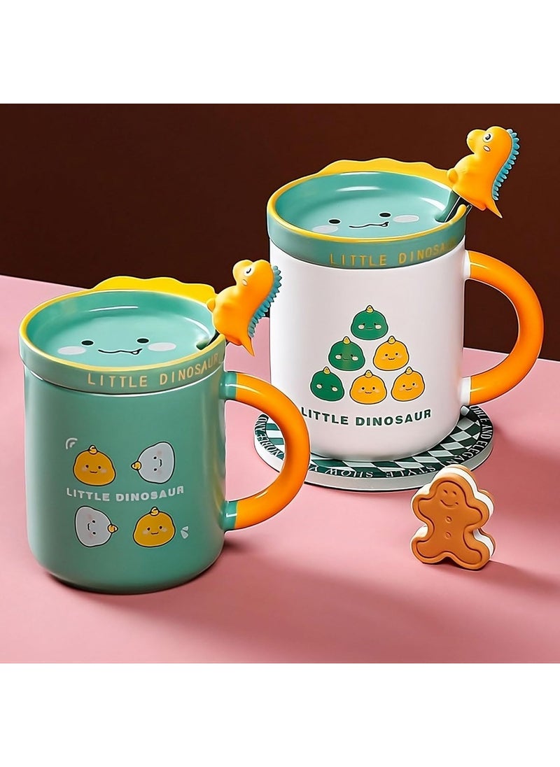 BlissHomes Birthday Gift for Kids Dino Mug for Children Ceramic Dinosaur Mug with Lid Spoon Green Teacup Set Pack of 1 320 ml Mugs for Coffee Gift for Birthday Gift for Friend