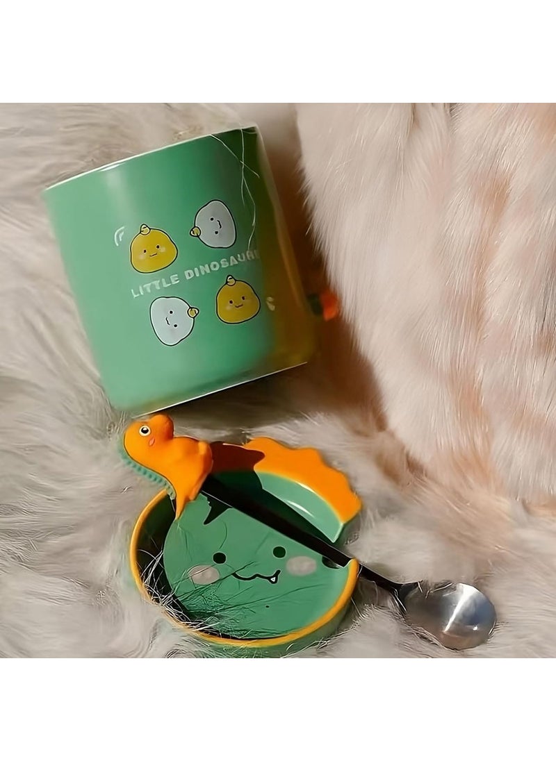 BlissHomes Birthday Gift for Kids Dino Mug for Children Ceramic Dinosaur Mug with Lid Spoon Green Teacup Set Pack of 1 320 ml Mugs for Coffee Gift for Birthday Gift for Friend