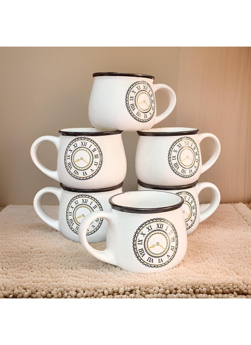 YOUR LOCAL STORE Elegant Ceramic Clock Themed Coffee Mug Set Includes Six 180ml Mugs for Coffee Tea and Milk White