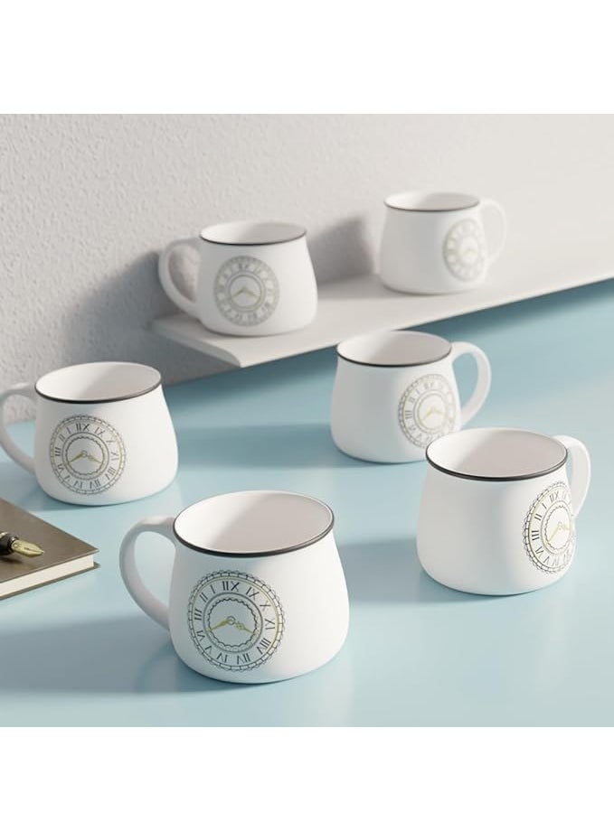 YOUR LOCAL STORE Elegant Ceramic Clock Themed Coffee Mug Set Includes Six 180ml Mugs for Coffee Tea and Milk White