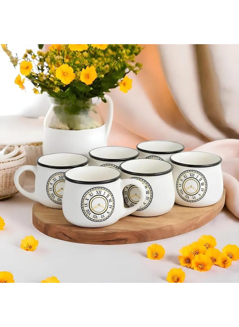 YOUR LOCAL STORE Elegant Ceramic Clock Themed Coffee Mug Set Includes Six 180ml Mugs for Coffee Tea and Milk White