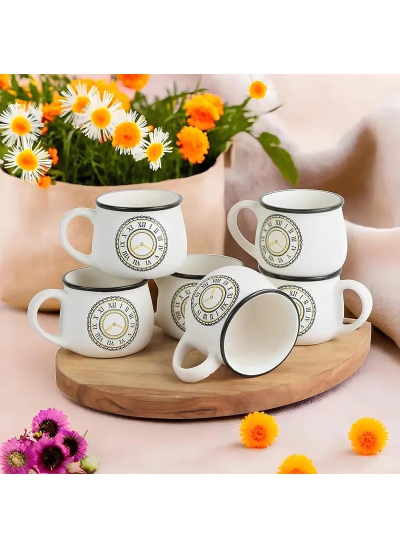 YOUR LOCAL STORE Elegant Ceramic Clock Themed Coffee Mug Set Includes Six 180ml Mugs for Coffee Tea and Milk White