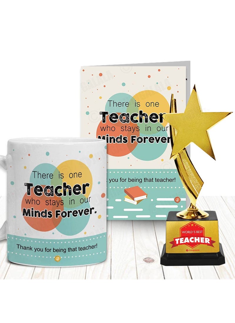 Jhingalala Gift for Teachers Worlds Best Teacher Trophy with Printed Coffee Mug and Greeting Card Combo Gifts for Teacher Sir Madam for Teachers Day 2457