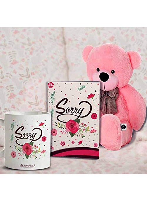 Jhingalala Sorry Gifts Teddy Bear with Sorry Printed Coffee Mug and Greeting Card Combo Sorry Gifts for Girlfriend Boyfriend Husband Wife Friend Sister