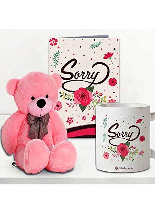 Jhingalala Sorry Gifts Teddy Bear with Sorry Printed Coffee Mug and Greeting Card Combo Sorry Gifts for Girlfriend Boyfriend Husband Wife Friend Sister