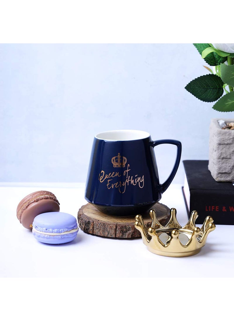 A Vintage Affair HOME DECOR Ceramic Coffee Cup White 350ml Large Tea Cup MugGlossyQueen of Everything Ceramic Printed Gift for Loved Ones Designer Mug Microwave Safe Blue