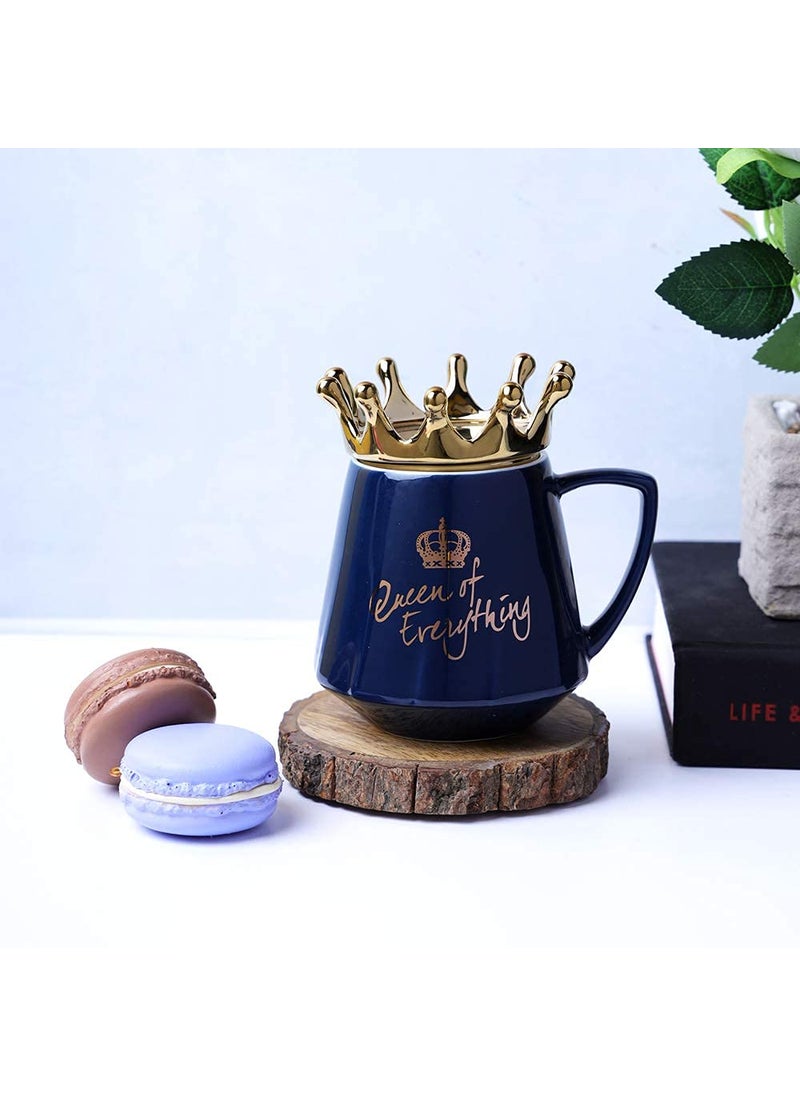 A Vintage Affair HOME DECOR Ceramic Coffee Cup White 350ml Large Tea Cup MugGlossyQueen of Everything Ceramic Printed Gift for Loved Ones Designer Mug Microwave Safe Blue