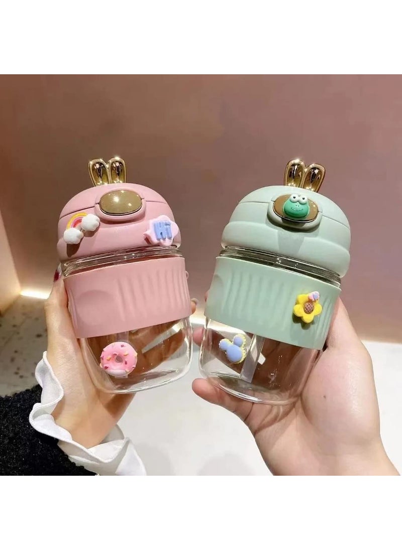 Suicune Reusable Glass Coffee Juice Mug Shaker with Lid Straw Thick Borosilicate Glass Tumbler AntiSlip Silicone Band LeakProof Travel Cup Sipper Bottle for Hot Cold Drinks