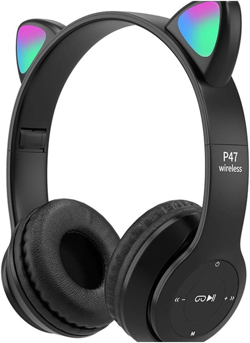 P47M Cat Ears Wireless Bluetooth Headset  With Foldable Glowing  Stereo Noise Canceling Headphones