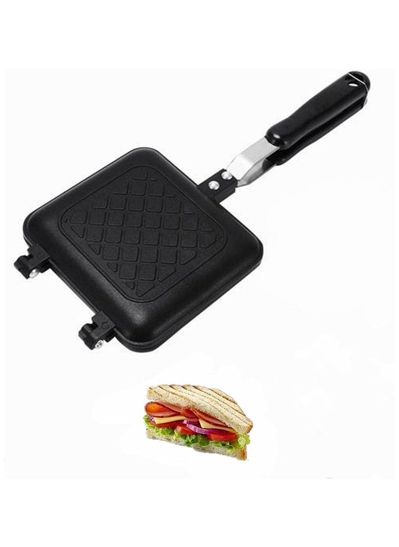 1pcs Grilled Sandwich Frying Pan Stovetop Toasted Panini Maker with Handle Flip Grill Pan Nonstick Double Sided Aluminum Flip Maker for Home Cooks Toasties, Kitchen, Breakfast, Camping, (Black)