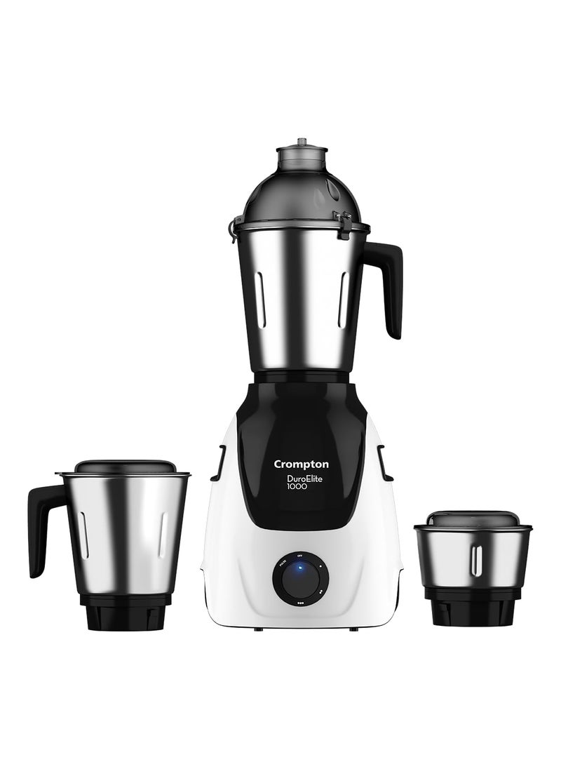 Crompton Duroelite 1000 watts 3 jar Mixer Grinder 100 copper motor Ball bearing Metal jar base LED speed indicator Lid lock design Black and white