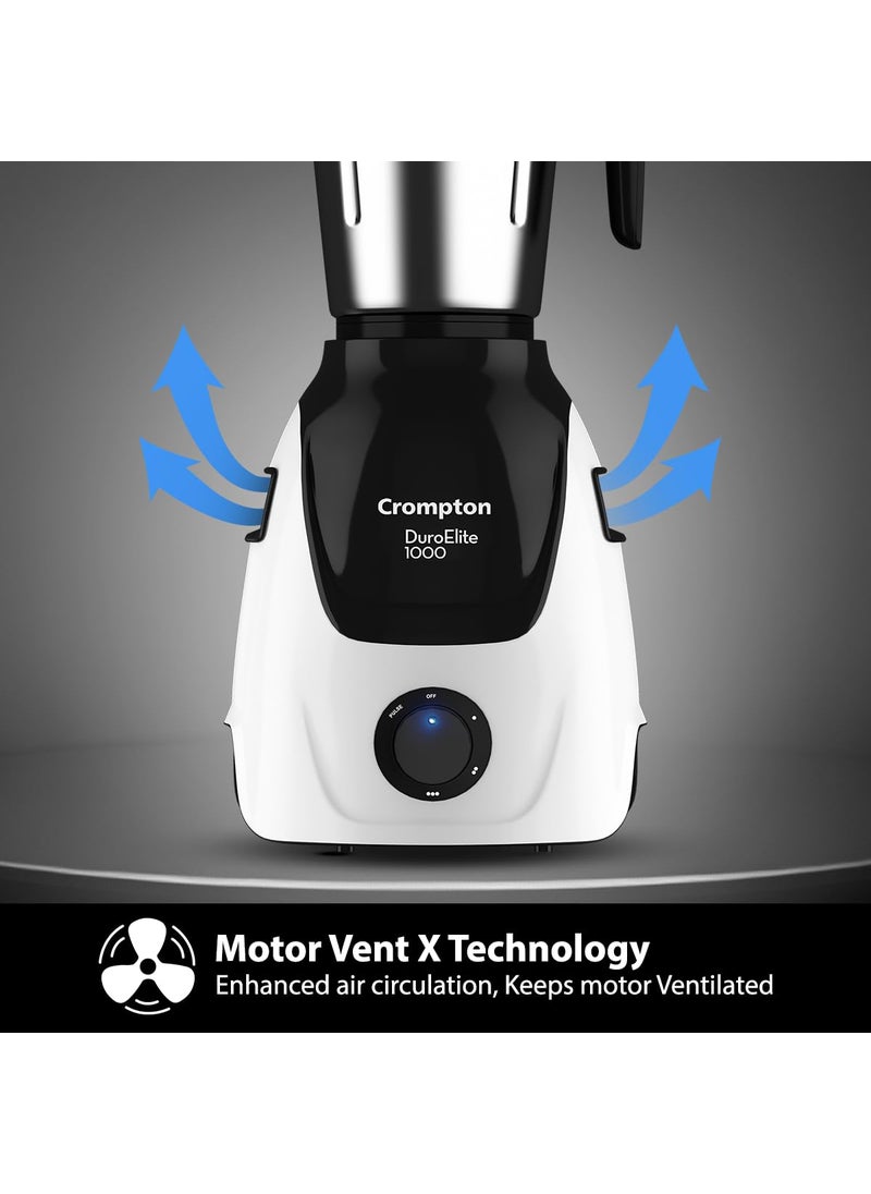 Crompton Duroelite 1000 watts 3 jar Mixer Grinder 100 copper motor Ball bearing Metal jar base LED speed indicator Lid lock design Black and white
