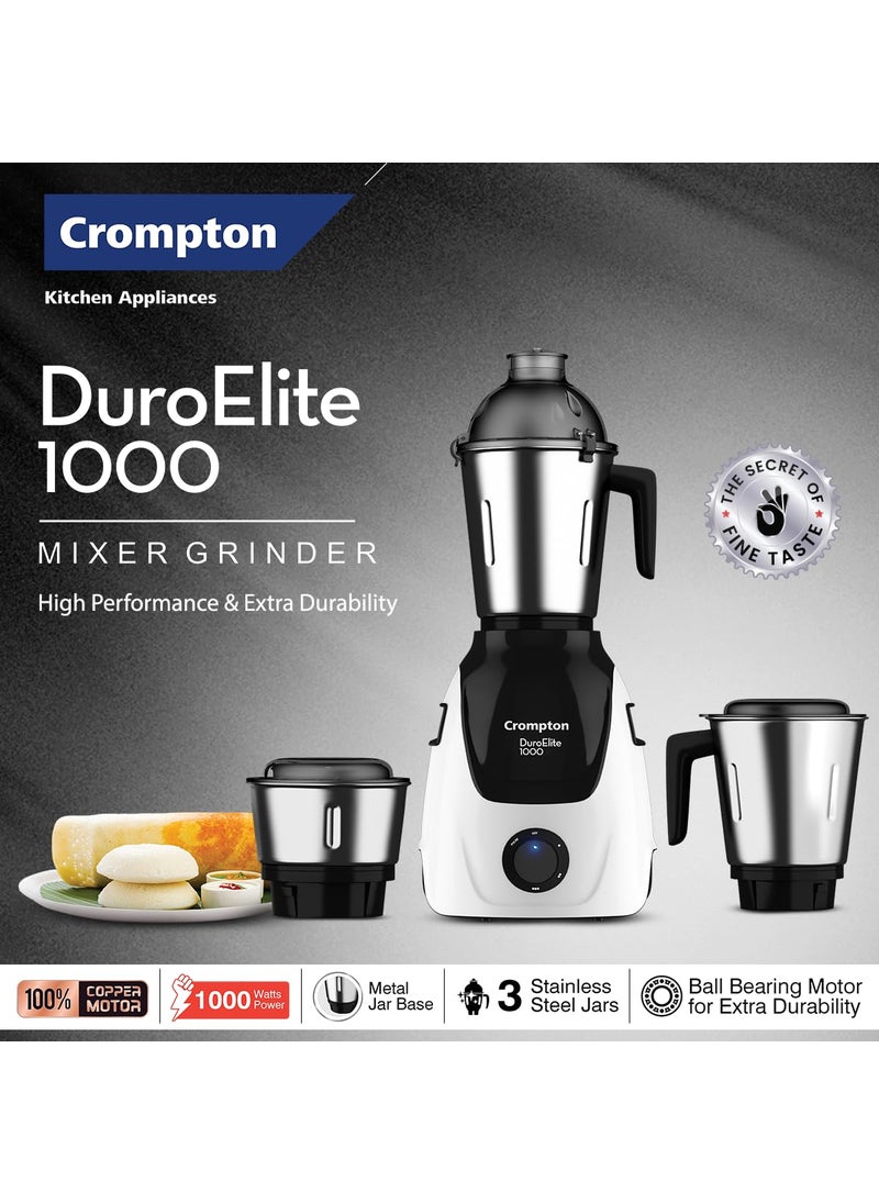 Crompton Duroelite 1000 watts 3 jar Mixer Grinder 100 copper motor Ball bearing Metal jar base LED speed indicator Lid lock design Black and white