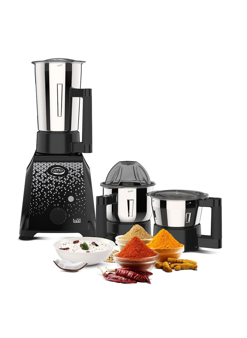 UltraToppMixergrinderfor SuperfastgrindingHigh Speed750 WattsSafetyLocksystem AISI 304Food GradeStainlessSteelJars3Jars ABS BodySerratedbladesCylindricalJars5YearWarrantyonMotorsJet Black