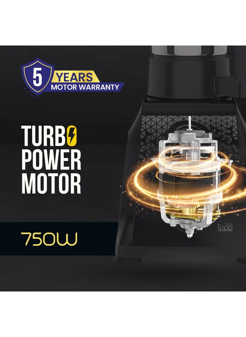 UltraToppMixergrinderfor SuperfastgrindingHigh Speed750 WattsSafetyLocksystem AISI 304Food GradeStainlessSteelJars3Jars ABS BodySerratedbladesCylindricalJars5YearWarrantyonMotorsJet Black
