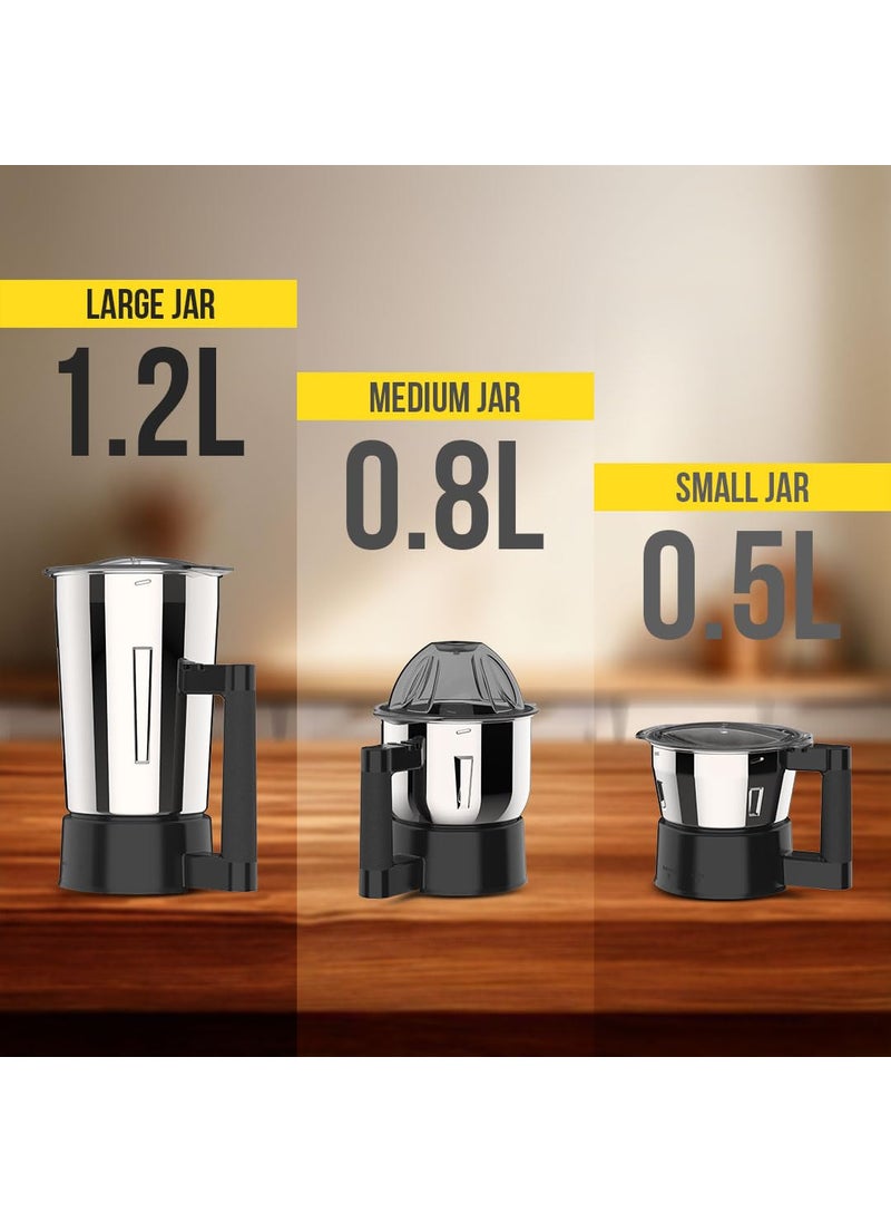 UltraToppMixergrinderfor SuperfastgrindingHigh Speed750 WattsSafetyLocksystem AISI 304Food GradeStainlessSteelJars3Jars ABS BodySerratedbladesCylindricalJars5YearWarrantyonMotorsJet Black