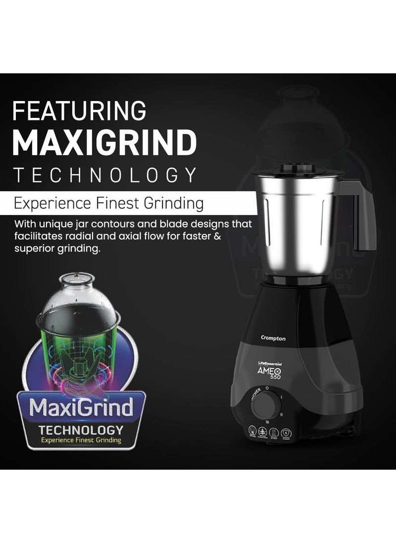 Crompton Ameo 550Watt Mixer Grinder with MaxiGrind and Motor VentX Technology 4 Stainless Steel Jars Black BLue