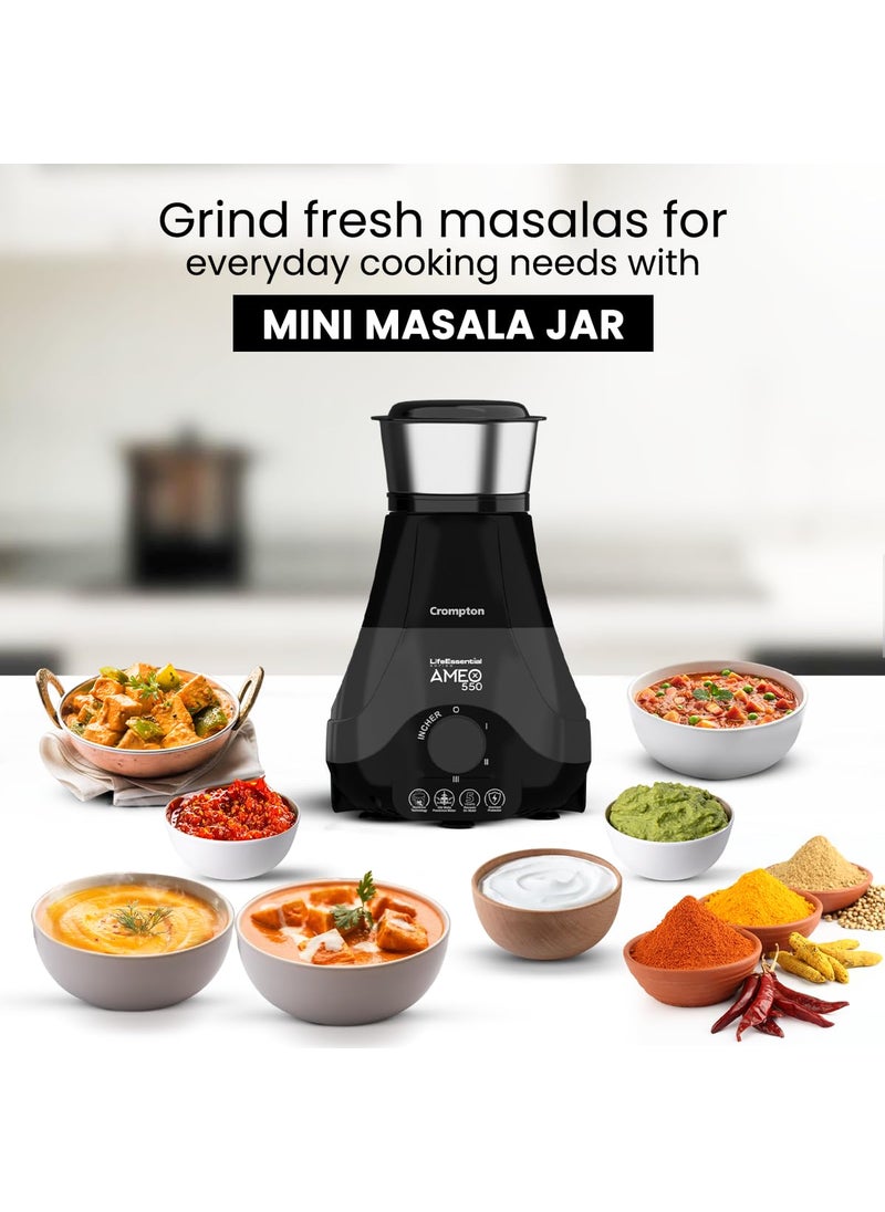 Crompton Ameo 550Watt Mixer Grinder with MaxiGrind and Motor VentX Technology 4 Stainless Steel Jars Black BLue