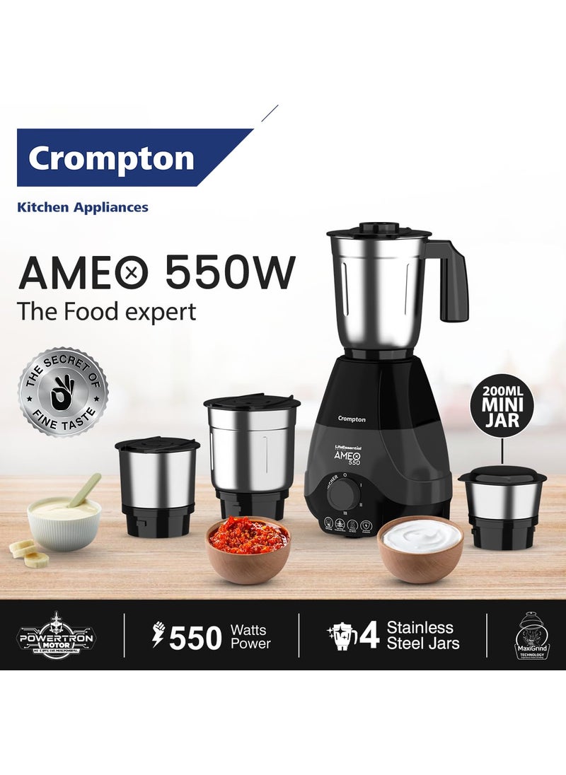 Crompton Ameo 550Watt Mixer Grinder with MaxiGrind and Motor VentX Technology 4 Stainless Steel Jars Black BLue