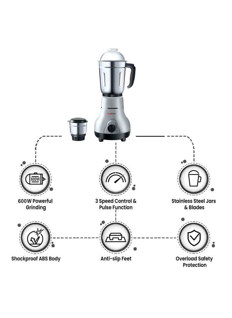 DIGISMART Kitchen Mate Powerful 600 Watt Mixer Grinder Gray and Black 2 Jar Comes With 2 Year Warranty BLACK GRAY