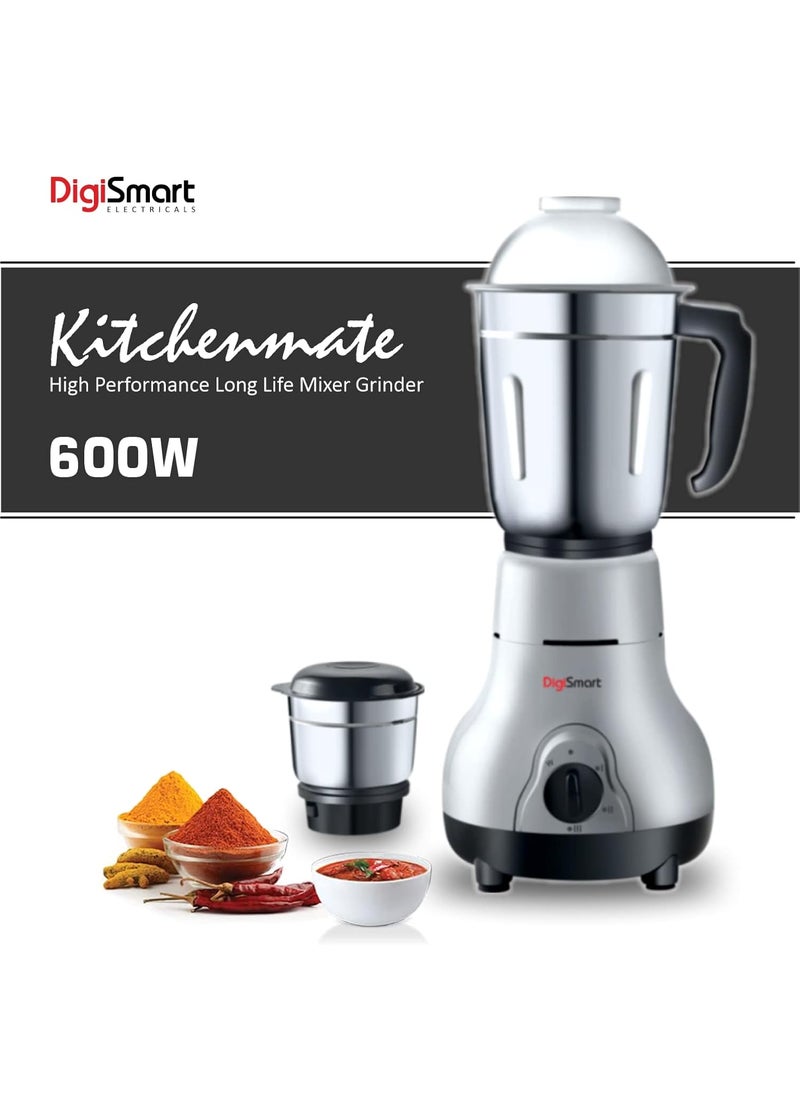 DIGISMART Kitchen Mate Powerful 600 Watt Mixer Grinder Gray and Black 2 Jar Comes With 2 Year Warranty BLACK GRAY