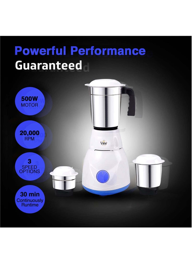 Vinr 500Watt Motor Mixer Grinder with 3 Jars and 1 Years Warranty30 min continuously runtime White