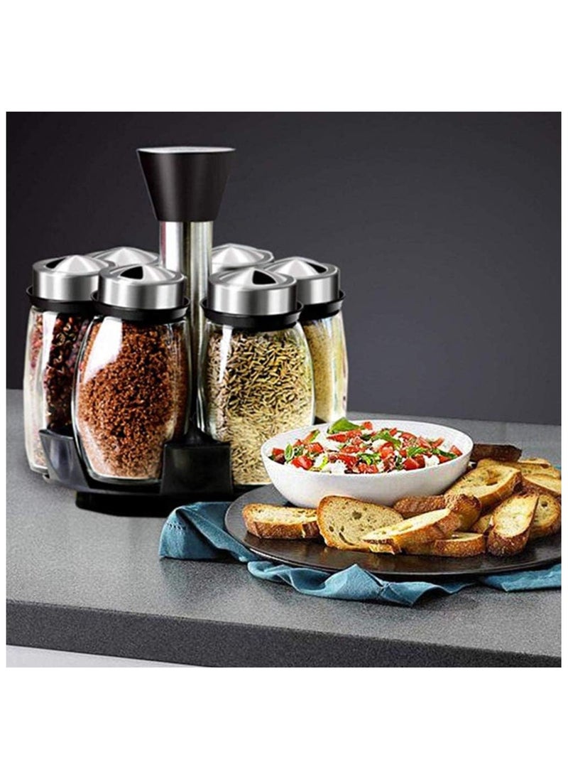 Revolving Spice Rack Organizer, Spinning Countertop Spice Rack Organizer with 6 Glass Jar Bottles Set for Herbs, Salt and Pepper, Glass Condiment Set with 360°Rotating Holder