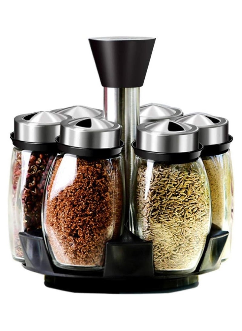 Revolving Spice Rack Organizer, Spinning Countertop Spice Rack Organizer with 6 Glass Jar Bottles Set for Herbs, Salt and Pepper, Glass Condiment Set with 360°Rotating Holder