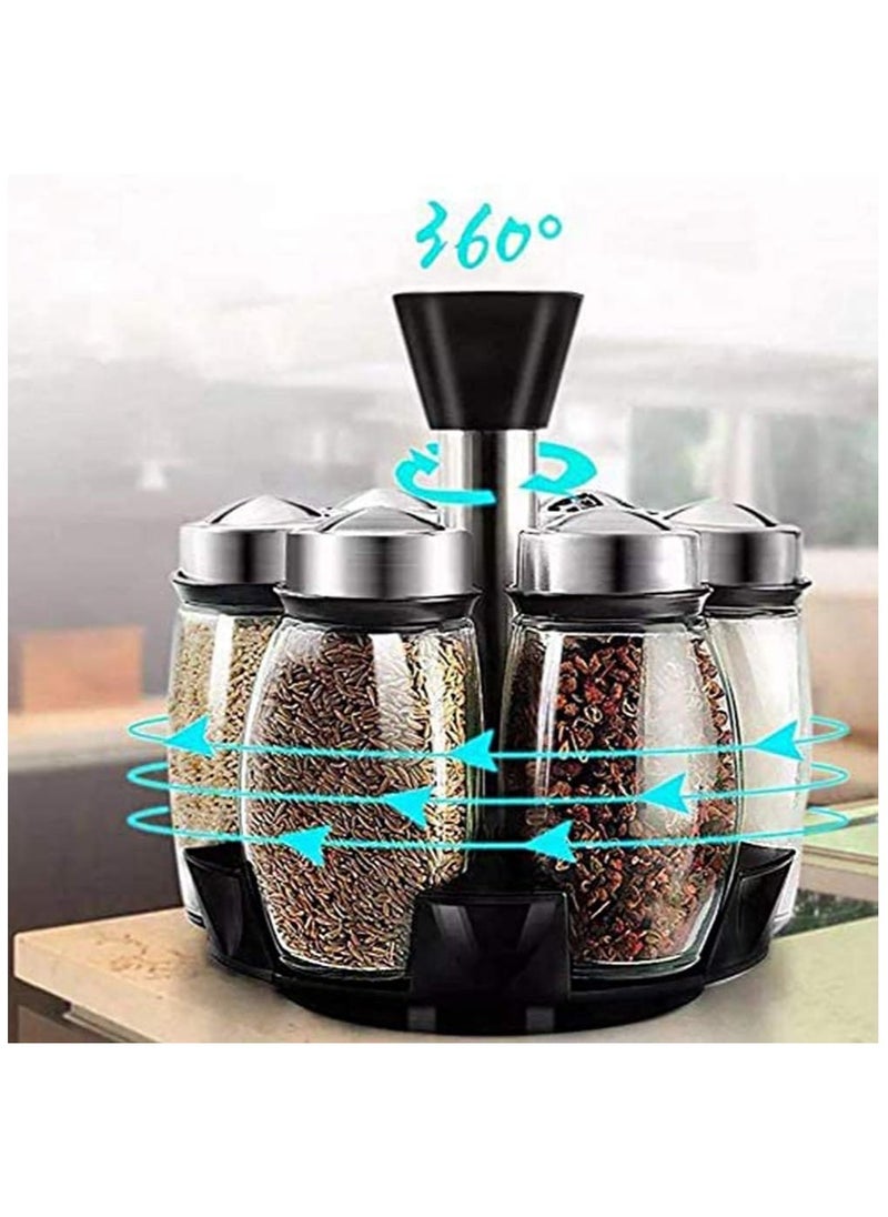 Revolving Spice Rack Organizer, Spinning Countertop Spice Rack Organizer with 6 Glass Jar Bottles Set for Herbs, Salt and Pepper, Glass Condiment Set with 360°Rotating Holder