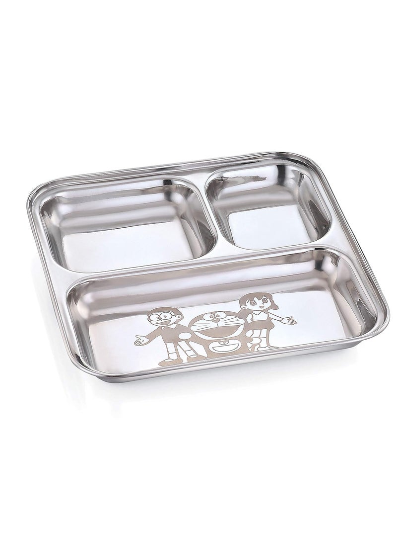 Expresso - Heavy Duty Stainless Steel Square Small Dinner Plate with 3 Sections Divided Mess Trays for Kids Lunch, Camping, Events & Every Day Use Kitchenware, Cartoon Design