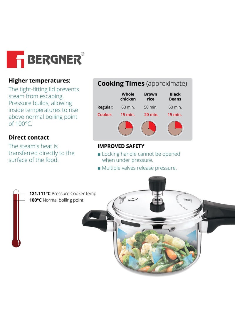 Bergner BE Essentials Tripro Tri-Smart Induction Bottom 8 Pcs Gift Set - 3L Outer Lid Pressure Cooker, 22cm Kadai, 22cm Frypan with Common Glass Lid, 12cm Coffee Warmer, Ladle, Serving Spoon, Turner