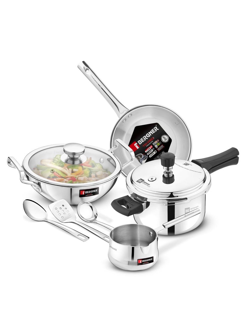 Bergner BE Essentials Tripro Tri-Smart Induction Bottom 8 Pcs Gift Set - 3L Outer Lid Pressure Cooker, 22cm Kadai, 22cm Frypan with Common Glass Lid, 12cm Coffee Warmer, Ladle, Serving Spoon, Turner