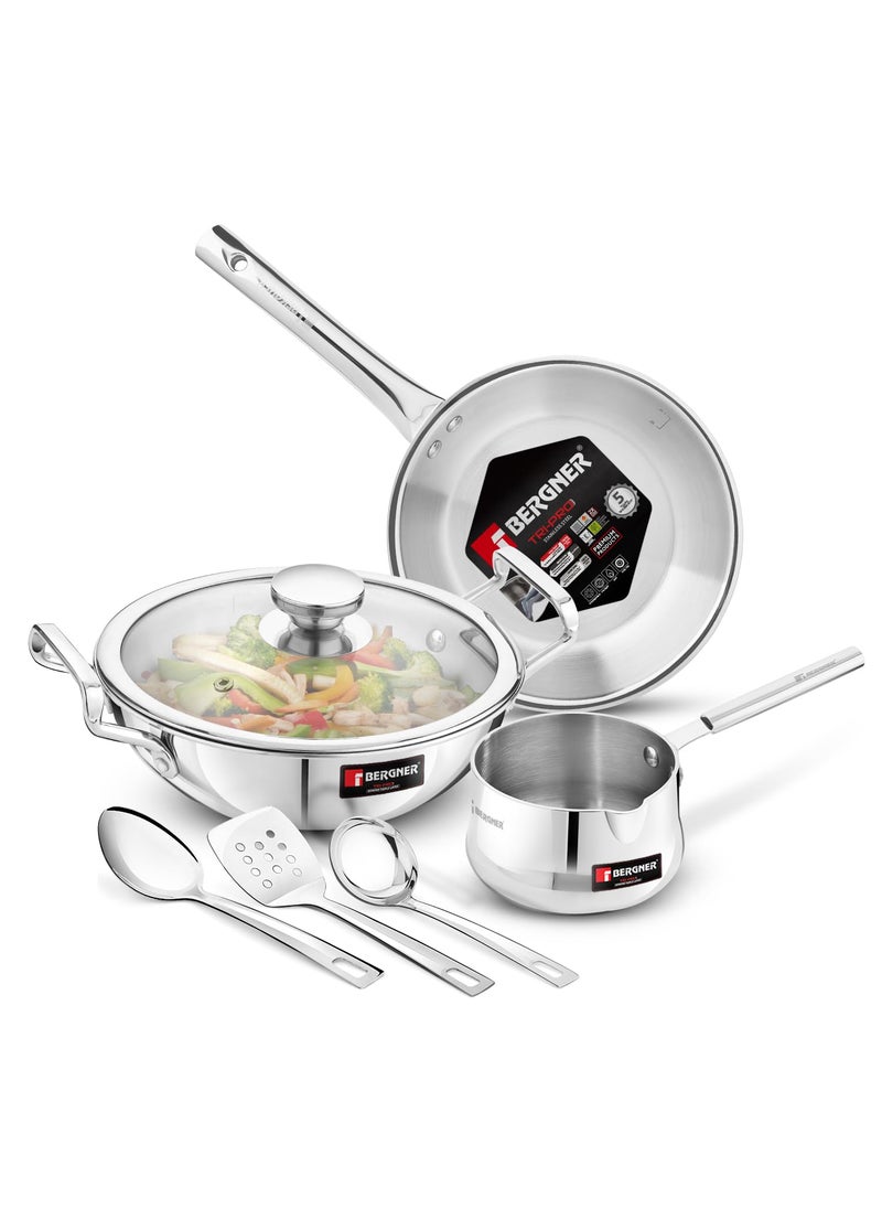 Bergner BE Essentials Tripro Tri-Smart Induction Bottom 8 Pcs Gift Set - 3L Outer Lid Pressure Cooker, 22cm Kadai, 22cm Frypan with Common Glass Lid, 12cm Coffee Warmer, Ladle, Serving Spoon, Turner