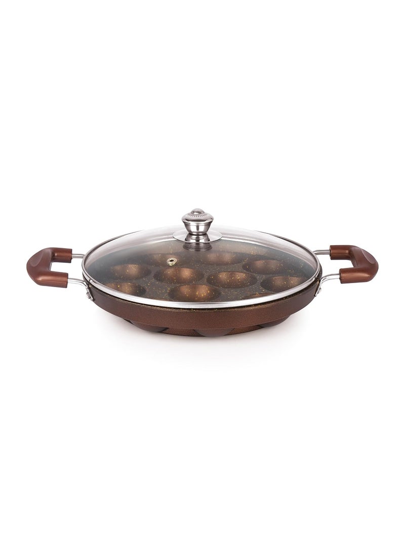 Bright Appam Patra with Stainless Steel Lid Non-Stick Heavy Duty Aluminium 25 cm, 12 Cavity | Single Handle with SS Lid | Appam Maker | Appam Patra |Pure & Toxin-Free, No Chemical Coating