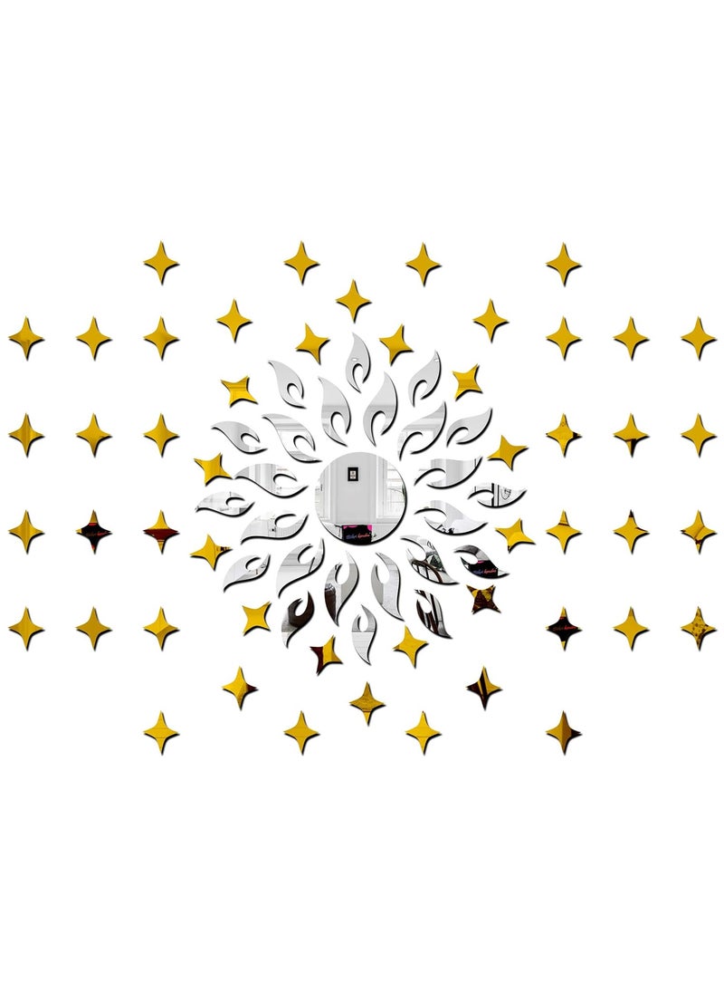 Bikri Kendra Sun Silver with 50 Star Golden Combo 3D Acrylic Mirror Wall Stickers