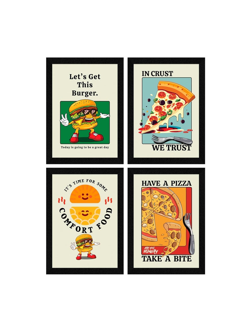 ArtX Paper Fast Food Wall Decor For Kitchen Dining Area Cafe Bar Restaurant Funny Framed Quotes For Wall Decoration 100 X 130 inches Each A4 Multicolor Synthetic Wood Set of 4