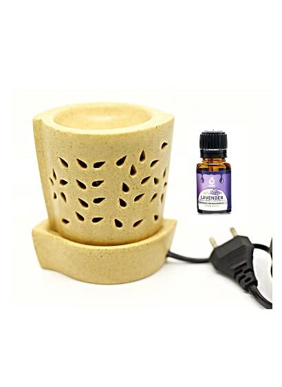 Royal Sapphire Amos Ethnic Ceramic Electric Aroma Diffuser Round Shape Burner with Bulb Beige with 10 ML Lavender Aroma Oil